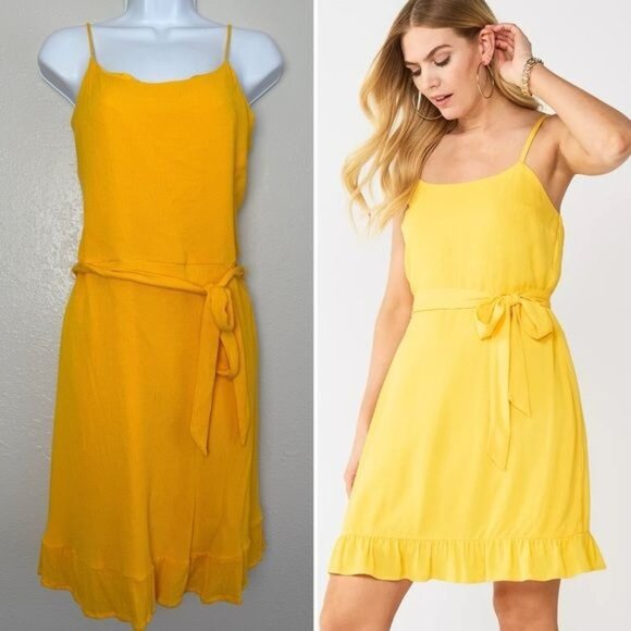 Nine West Crosshatch Flutter Hem Tie Waist Dress yellow mustard XL - Picture 11 of 11